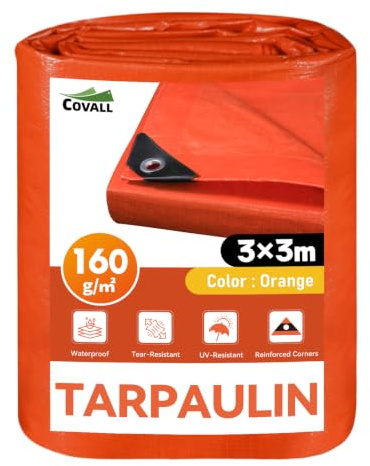 COVALL Orange Tarpaulin 3m x 3m, Waterproof Heavy Duty Tarp 160GSM, UV Protection, Reinforced Eyelets, Tear Resistant, Ground Sheets, Multipurpose Outdoor Garden Trailer Cover