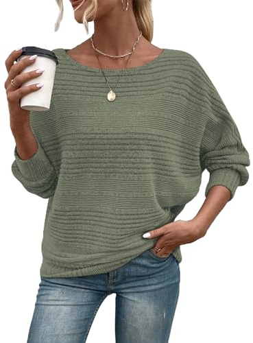 Gemulate Sweaters for Women UK Crew Neck Off The Shoulder Jumper Lightweight Ladies Batwing Tops Long Sleeve Winter Sweater Shirts for Leggings Army Green XXL