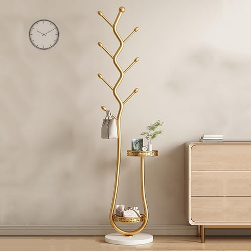 Perchero de pie dorado con estantes dobles de almacenamiento de 169.9 cm de alto, colgador de ropa y sombreros para entrada, hogar elegante, perfecto para abrigos y accesorios