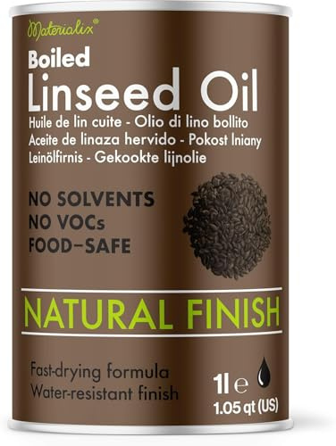 Materialix Leinölfirnis 1L - Lebensmittelecht-zertifiziert Holzöl für Innen und Außen, Farbloses Möbelöl & Holzpflegeöl aus 100% Leinöl - Natürlicher Holzschutz für Möbel, Böden & Tische
