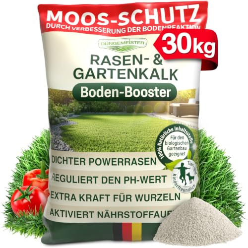 DÜNGEMEISTER Rasenkalk 30 kg – hochwertiger Rasen- & Gartenkalk zur pH-Optimierung und Bodenverbesserung – verbessert Nährstoffaufnahme, beugt Moosbildung vor, sorgt für kräftigen Rasen im Garten