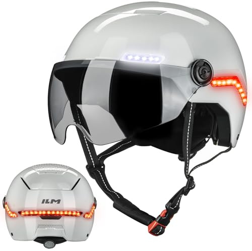 ILM Smart Bike Helmet Men Women Automatic G-Sensor Turn Signal & Brake Warning Cycle Helmets with Visor Front Side Rear LED Lights Road Cycling Model MB101L,Beige Gray,L/XL
