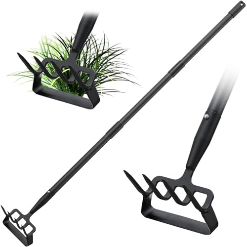 Azada de jardín 2 en 1, desbrozadora y cultivador de mango largo de 116 cm, herramienta de jardinería ergonómica con hoja afilada y 4 dientes, azada de estribo de acero al carbono resistente para