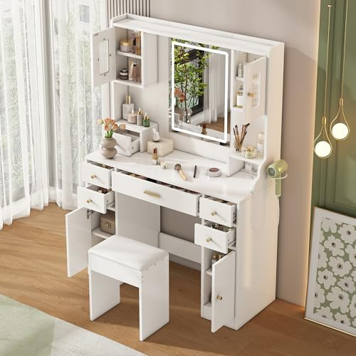 HAUSPROFI Schminktisch mit Spiegel, LED-Beleuchtung und Regalbeleuchtung, Haartrocknerständer, 6 Schubladen und 4 Schranktüren, eingebauter Steckdose, für das Schlafzimmer, Weiß, 105L x 40B x 152H cm