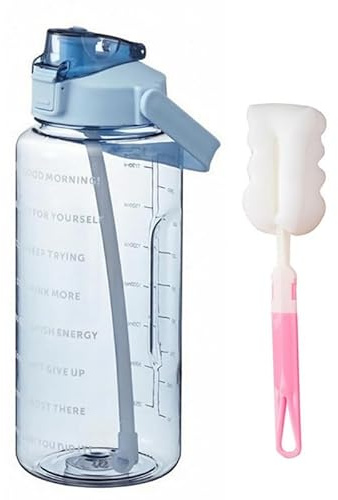 2L Water Bottle with Straw,Clear Leakproof Sports Bottle with Time Markings,Portable Handle Drink Bottles,Heat Resistant Motivational Jug for Gym Hiking Ensure Drinking Throughout The Day (Blue)