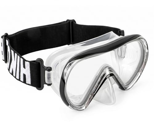 HIKOTEY Maschera da snorkeling per bambini con tessuto elastico, vista panoramica a 180°, con lenti in vetro temperato, anti-appannamento, tecnologia anti-perdite, occhialini da nuoto per bambini con