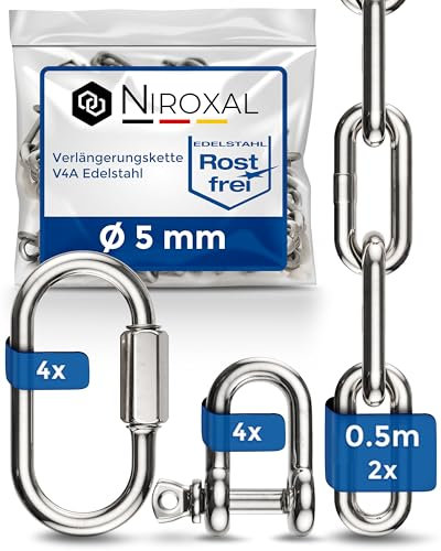 2 unidades 50cm = 0,5metros 5mm cadena de extensión de acero inoxidable de 5mm de espesor carga de ruptura max 900kg con grilletes mosquetón de cadena de V4A set de montaje suspensión de saco de boxeo