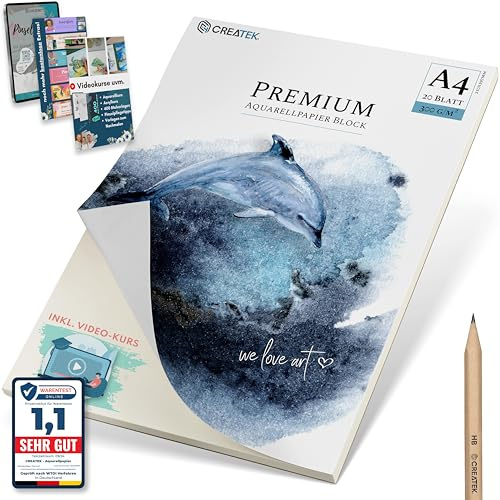 CreaTek akvarellpapper A4 | 20 ark | 300 g | kallpressad | 4-sidig genomgått + gratis illustrationer för pausning - högkvalitativ akvarellblock, akvarell papper