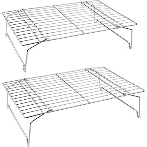 P&P CHEF Cooling Rack Set of 2, 2-Tier Stackable Stainless Steel Wire Racks for Baking Cooking Cooling Roasting, Collapsible & Heavy Duty, Oven Safe & Easy Clean, 15 x 10, Silver