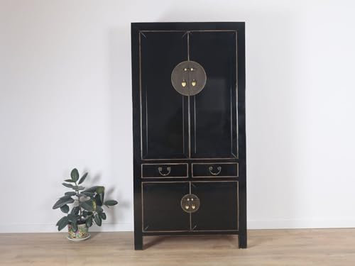 Yajutang Chinesischer Hochzeitsschrank 4 Türen 2 Schubladen schwarz