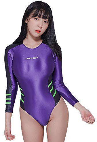 LEOHEX Surfen Langärmeliger Sexy Glänzender Glatt Einteilige Bademode Damen Badeanzüge (Violett, XL)