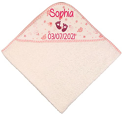 Alwaystrusted Personalised Gift Pink Elephant Baby Hooded Towel Pink Glitter Heart Feet Name and Date Girl AT-SB55-16-M