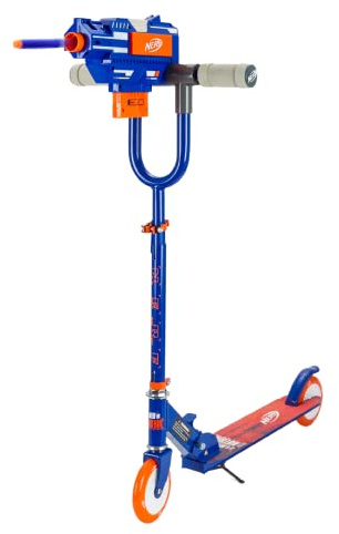 NERF Kick Scooter for Kids, Dual Barrel Blaster Fires Up to 40 Feet, Supports Up to 150lbs, Rear Brake, Sturdy Steel Frame, Wide Surface Textured Molded Deck, Outdoor Activities for Boys/Girls