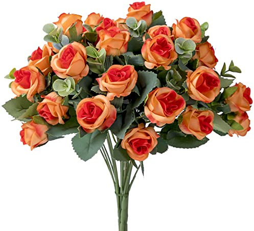 Cotemdery Künstliche orangefarbene Rosensträuße mit Eukalyptusblättern, künstliche Mini-Rosensträuße mit Eukalyptusblättern, für den Außenbereich, Grün, Herbstdekoration für Hochzeit, Zuhause, Büro, 4