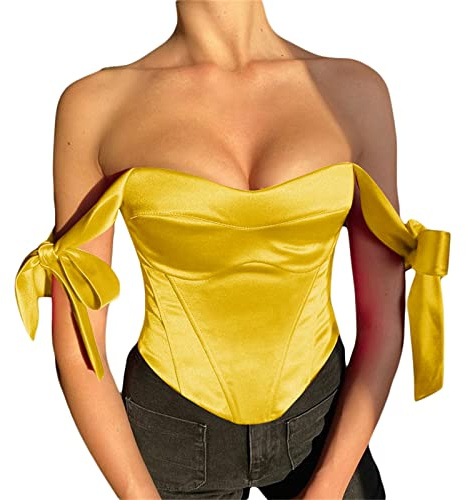 FeMereina Women's Vintage Off Shouder Corset Crop Top Sexy V-Neck Satin Boned Zip Back Bow Tie Bustier Top Sleeveless Push Up Tank Tops (Yellow, Small)