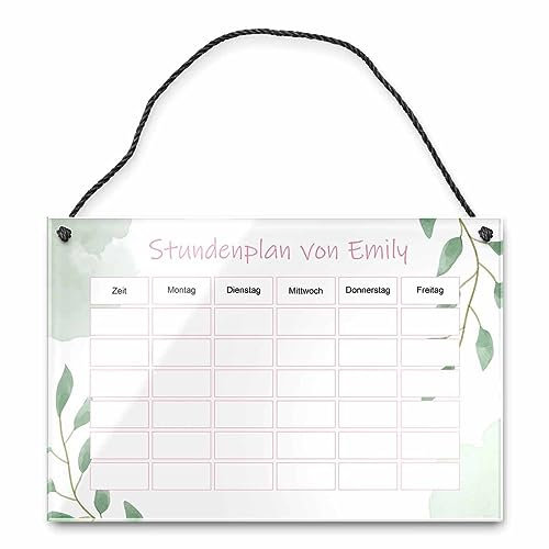 Geschenk zur Einschulung: Selbst gestalteter Stundenplan aus Acrylglas mit blätterverziertem Design - abwischbar! - Kinder Wochenplaner zum Aufhängen