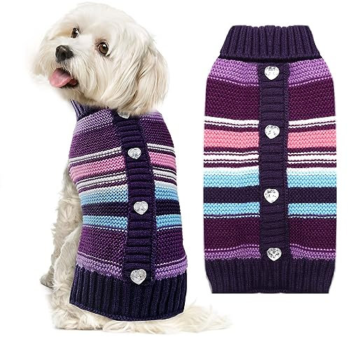 ABRRLO Kleiner Mittelgroßer Großer Hundepullover, Kälteschutz-Strickbekleidung, gestreifter klassischer Rollkragenpullover, Dicke warme Kleidung für Chihuahua, Bulldogge, Dackel, Mops, Yorkie,M