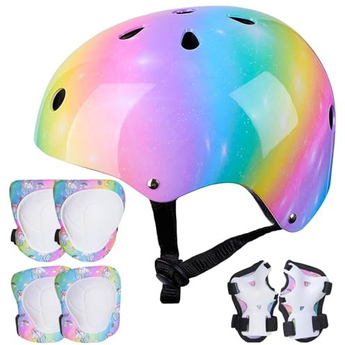 Unicorn Castle Kinder Helm Knie Ellenbogen Handgelenk Pads Verstellbare Knieschoner Ellenbogenschoner Handgelenkschoner Skateboard Helme für Radfahren Skating Mädchen, 3-8 Jahre