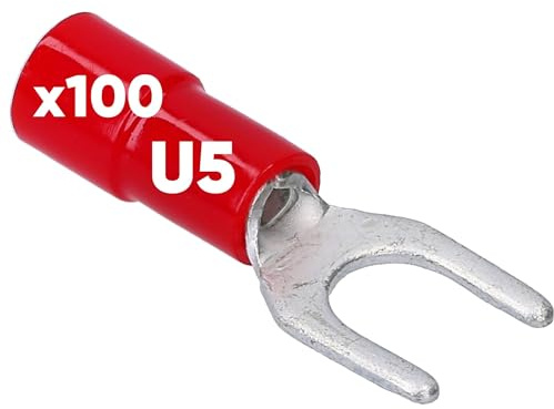 Kalitec GKSRU5, 100 capicorda forcella, 0,5-1,5 mm², colore rosso, parzialmente isolato, colletto in PVC U5, per il collegamento di cavi o fili, protegge i collegamenti elettrici, connettori a