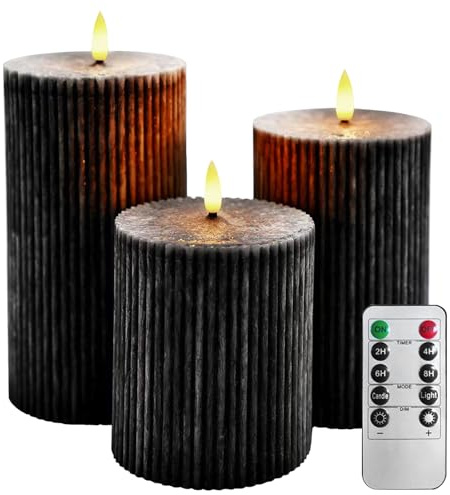 AnnSpa LED Candles Vertical Stripe 3 Set Pillar Candles with Remote Control and Timer Flickering Battery Operated Electric Candle flameless Candle Black