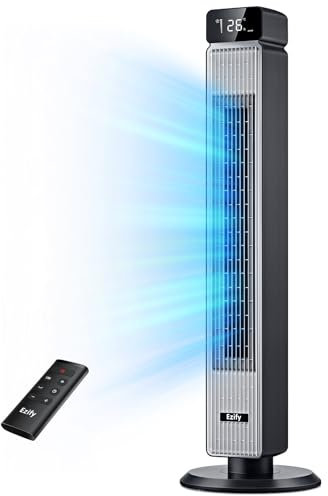 Ezify Turmventilator Sehr Leise, 7,3 m/s Starkwind & 30 dB Nachtmodus Ventilator Leise, 90° Oszillation, 6 Stufen, 12H Timer, Standventilator mit fernbedienung für Schlafzimmer, Büro