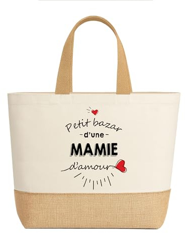 Planetee Sac Mamie d’Amour – Grand Cabas en Toile de Jute et Coton pour Courses, Marché ou Plage – Idée Cadeau Originale pour la Fête des Grands-Mères, Anniversaire ou Noël