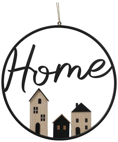 Dekohänger 2er Set Home 30cm Deko Blumen Türdeko Eingangsdeko Willkommen Hänger Türdeko Dekohaus Häuserzeile Dekokranz Holz Metall