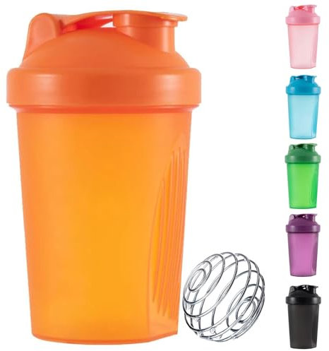 Protein Shaker Bottle with Stainless Steel Mixing Ball, Protein & Supplement Shaker Bottle, Leak Proof Flip Flop Lid Shake Bottle Mixer, BPA Free Protein Shake Bottle 400ml (Orange)