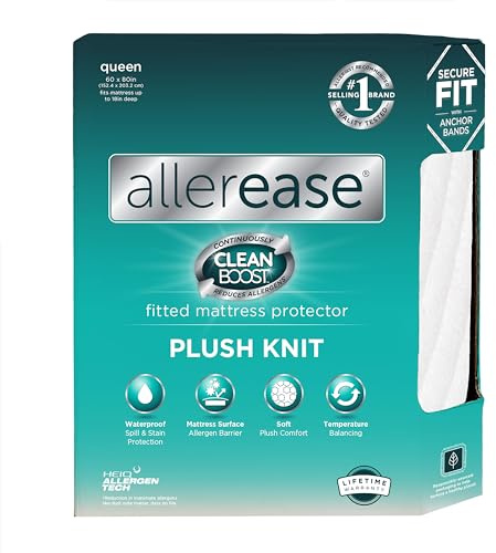 AllerEase CleanBoost Plush Knit Mattress Protector Waterproof Particle Barrier Temperature Balancing Soft Plush Comfort Machine Washable Fitted Cover with Elastic Anchor Bands Mattress Cover, Queen