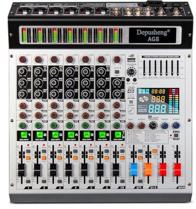 Depusheng AG8 Professional dj mixer 8 channel 99 DSP Echo audio sound mixer with MP3 USB Bluetooth 48V phantom power grouping and 2 AUX interfaces for Recording DJ Stage Karaoke Music Application