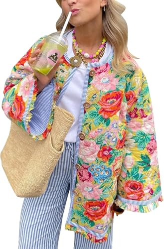 Suncadmious Chaqueta Acolchada con Estampado Floral para Mujer Chaqueta Acolchada Ligera con Bloques de Color Abrigo Acolchado Outwear (Rojo,XL)