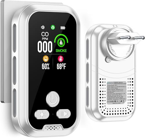 Gedsffati Plug in 4en1 Detecteur de fumée Détecteurs de Monoxyde Carbone Combo avec Batterie 2000mah & HD 2.1'' L'écran [Co Fumee Temp Moisture Monitor] Plug&Play pour Hotel Familial, Blanc