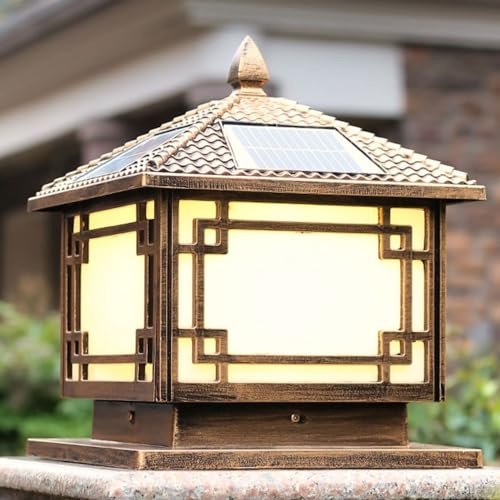 Farol solar para exteriores con base de montaje en pilar, lámparas de ambiente rústico, lámpara de estigma, luminaria de poste de color amarillo cálido para exteriores, postes de madera de 4 x 4 y 5