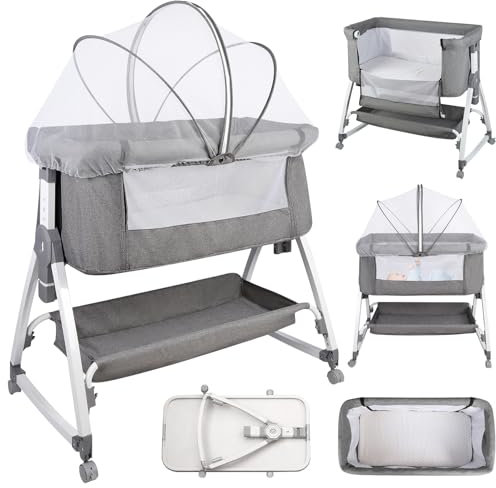 Supfine Cododo 3-i-1-barnsäng med madrass och myggnät, höjdjustering, mobil babyvagga för nyfödda/spädbarn, Codododo-säng med förvaringskorg (grå, 80 x 40 x 100–116 cm)