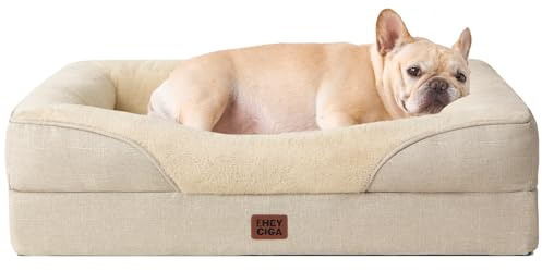EHEYCIGA Orthopädisches Hundebett Kleine Hunde, 76x51x16.5cm, Memory Foam Waschbar und Wasserdicht Hundekorb mit 4 Rändern, Hundesofa Hundecouch rutschfest, Beige