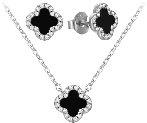Evensee Juego de Pendientes y Collana de Trébol de Cuatro Hojas en Plata de Ley 925 con Ónix Negro,Elegante Set de Joyería,Regalo para Mujeres y Niñas para Navidad y Cumpleaños
