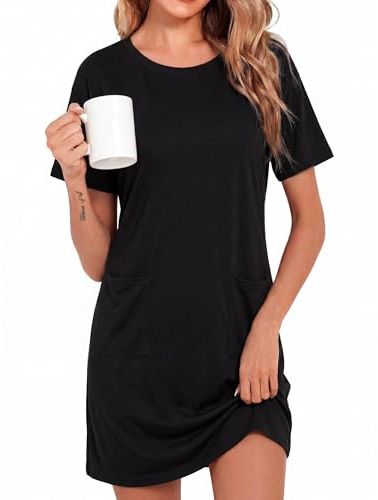 Leversic Nattlinne dam bomull nattlinne kortärmad enfärgad T-shirt för kvinnor i plusstorlek nattkläder med fickor S–XXL, 1170-svart, L