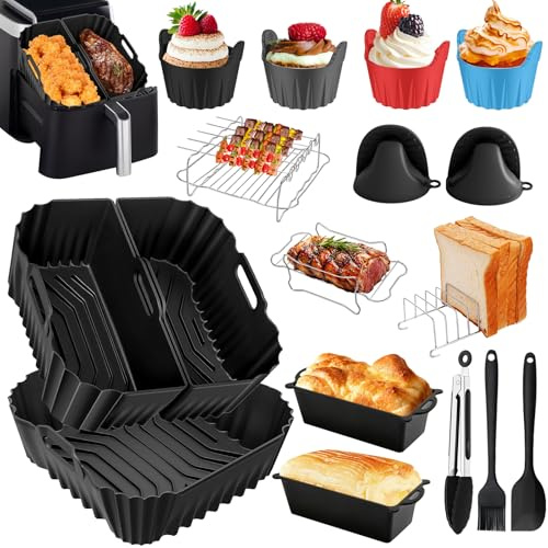 22 Piezas Molde Silicona Accesorios Esenciales para Cecotec Freidora de Aire sin Aceite de 6L Recipientes Cuadrad con Silicona Mini Manoplas Horno, Molde Antiadherente para Pan
