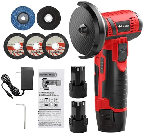Creddux Cordless Angle Grinder, 3 Inch Mini Angle Grinder Tool With 2pcs 16.8V 2000mAh Batteries and 5 Grinding Wheel,19500rpm Metal Grinders for Cutting, Grinding and Polishing Red