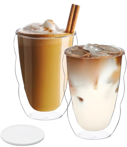 CxutSa 2x350ml Double Walled Coffee Glasses Mugs with Coaster Cappuccino Latte Macchiato Glasses Cups Borosilicate Heat Resistant Glass Coffee Cups for Espresso Coffee Tea Milk Juice Ice Cream