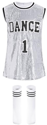 Manyakai Traje de Baile Moderno para Niñas con Lentejuelas y Bordados Letras Vestido Baile de Jazz Hip-Hop de sin Mangas con Calcetines de Rayas Plateado 9-10 años
