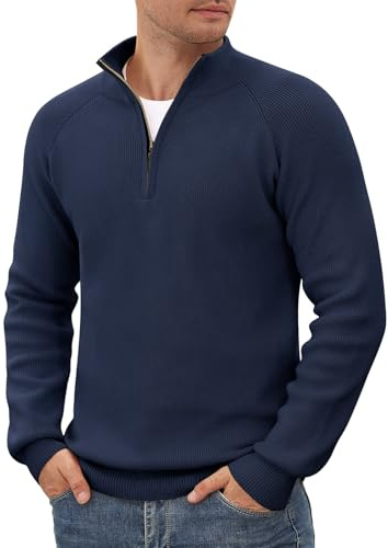 TOMEEK Jerséis para Hombre de Cuello Redondo Alto con Cremallera Cuarto Jersey para Hombre Manga Larga Pullover Slim Fit Sólido de Punto(Azul Marino,XL)
