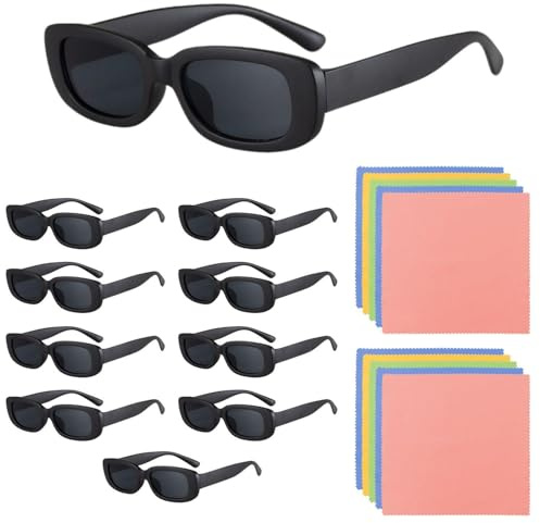 HINFHI 10 Pairs Of Children'S Sunglasses And 10 Pieces Of Glasses Cloth, Stylish Glasses, Retro Rectangular Sunglasses, Outdoor Sun Protection Supplies.