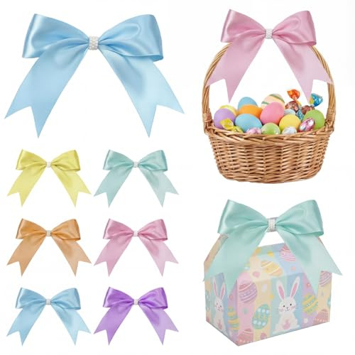 Janinka 12 Pcs 6 Inch Large Easter Bows for Gift Baskets Pastel Pearl Satin Bows Ribbon Wreath Tree Decoration for Spring Holiday Wedding Wreath DIY Crafts Decor