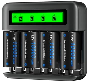 CITYORK 4 Pack 10000mAh Rechargeable D Batteries with Charger, 8 Bay LCD Universal Battery Charger for 1.2v AA AAA C D Ni-MH/Ni-CD Rechargeable Batteries, USB Quick Charging