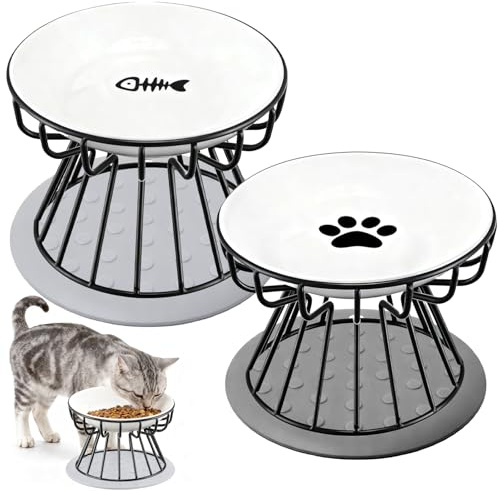 Katzennapf Erhöht mit Metallständer, 2 Stück Keramik Katzennäpfe Futternapf Katze Set Mit Erhöht Ständer Metallhalter, Haustiere Futterschüssel Anti Erbrechen Katzenschüssel für Katzen und Welpen