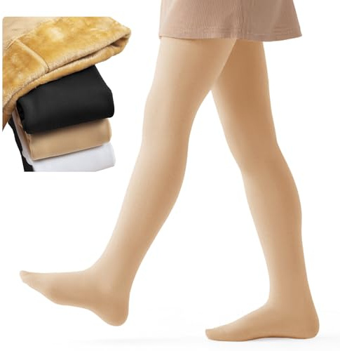 Domueay Medias Gruesas para niñas con Forro Polar, Invierno Termicas Opacas Mallas con pies, Elásticas Cómodas Leggings Pantimedias para Ballet, Danza, Escolares, 4-6 años, Color piel