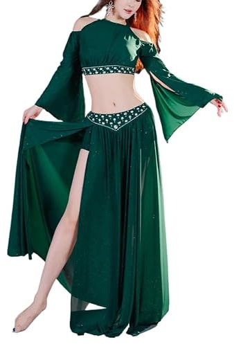 HEARTTOUCH Women's Belly Dance Costume Belly Dance Crop Top Slit Skirt Dancing Outfits for Carnival Halloween Performance (Green,Medium)
