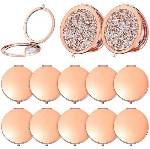 YFNVH Lot de 12 Miroirs de Poche avec Strass Brillants - Petit Miroir de Maquillage Pliable Or Rose - Grossissement 1X/2X - Idée Cadeau Prestige Mariage, EVJF, Baptême, Fête des Mères
