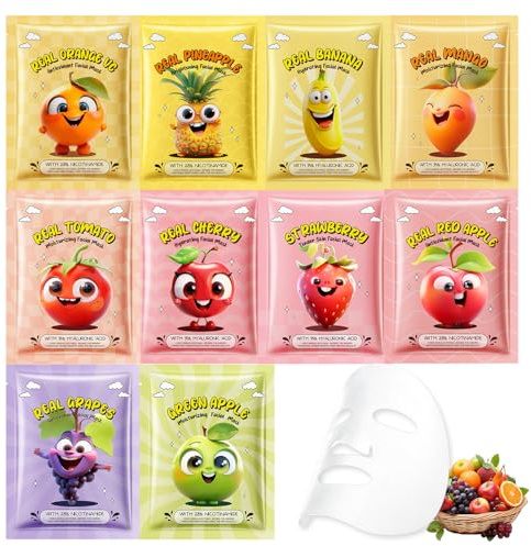 10 Masques en Feuille, Soin Coréen pour le Visage avec Ingrédients Naturels,Masque visage hydratant aux extraits de fruits et de plantes, Appaisant,Cadeaux pour Femmes Adolescentes